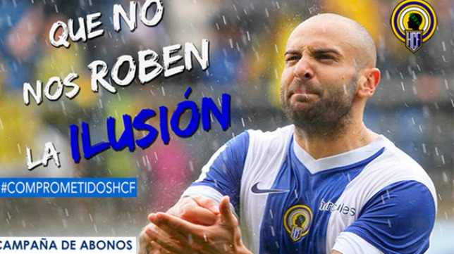 Cartel de abonos 2015-16 del Hércules C.F., con el jugador Chechu Flores en el partido contra el Cádiz de 2015 en el que se jugaba el ascenso a Segunda División. Foto: HÉRCULES C.F.