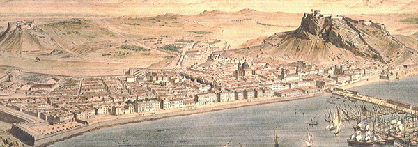 Grabado del s XIX donde se muestra la ciudad de Alicante con la primera l&iacute;nea de costa donde se aprecia la original Explanada