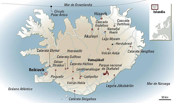 Mapa de Islandia y sus lugares de interés.