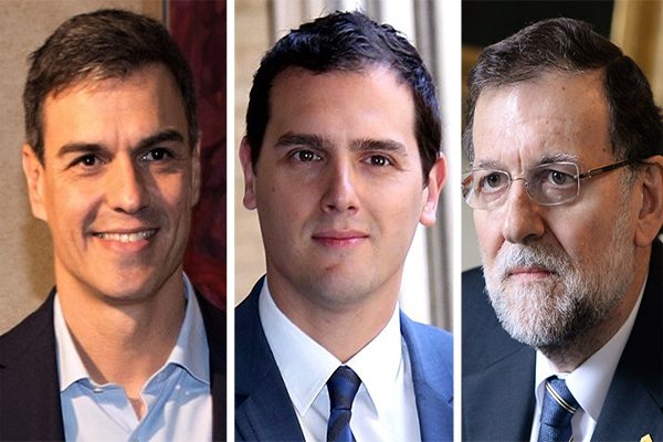 De izquierda a derecha, Pedro Sánchez, Albert Rivera y Mariano Rajoy.