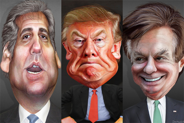 De izquierda a derecha: caricaturas de Michael Cohen, Donald Trump y Paul Manafort. Autor: Donkey Holey